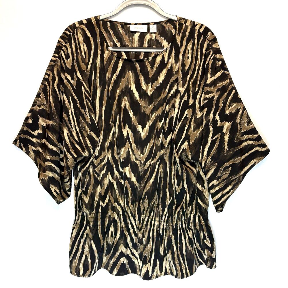 Chicos Size 2 Large Animal Print Short Flutter‎ Sleeve Top Cinched Waist